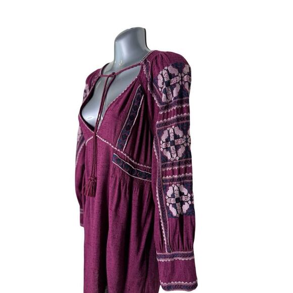 Free People All My Life Wine Embroidered Smocked Mini Dress Women’s XS Boho Chic - Picture 4 of 13